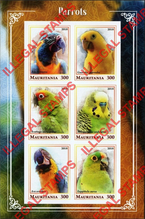 MAURITANIA 2018 Parrots Counterfeit Illegal Stamp Souvenir Sheet of 6 (Sheet 1) MAURITANIA 2018 Parrots Counterfeit Illegal Stamp Souvenir Sheet of 6 (Sheet 1)