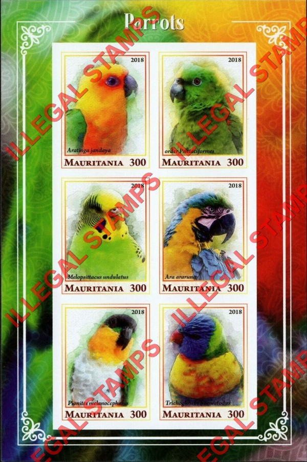 MAURITANIA 2018 Parrots Counterfeit Illegal Stamp Souvenir Sheet of 6 (Sheet 2) MAURITANIA 2018 Parrots Counterfeit Illegal Stamp Souvenir Sheet of 6 (Sheet 2)