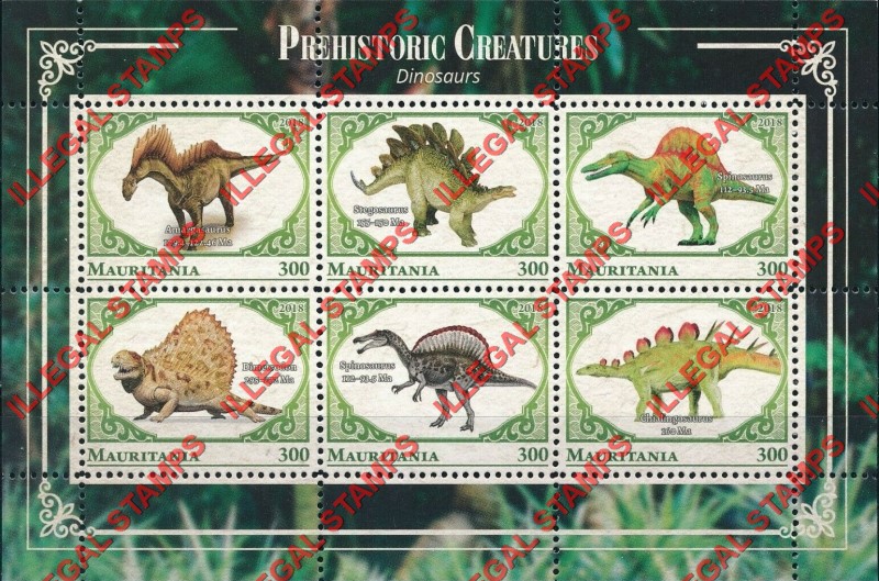 MAURITANIA 2018 Prehistoric Creatures Dinosaurs Counterfeit Illegal Stamp Souvenir Sheet of 6 (Sheet 1) MAURITANIA 2018 Prehistoric Creatures Dinosaurs Counterfeit Illegal Stamp Souvenir Sheet of 6 (Sheet 1)