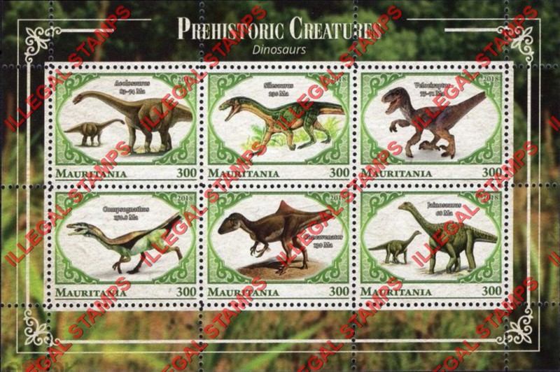 MAURITANIA 2018 Prehistoric Creatures Dinosaurs Counterfeit Illegal Stamp Souvenir Sheet of 6 (Sheet 2) MAURITANIA 2018 Prehistoric Creatures Dinosaurs Counterfeit Illegal Stamp Souvenir Sheet of 6 (Sheet 2)