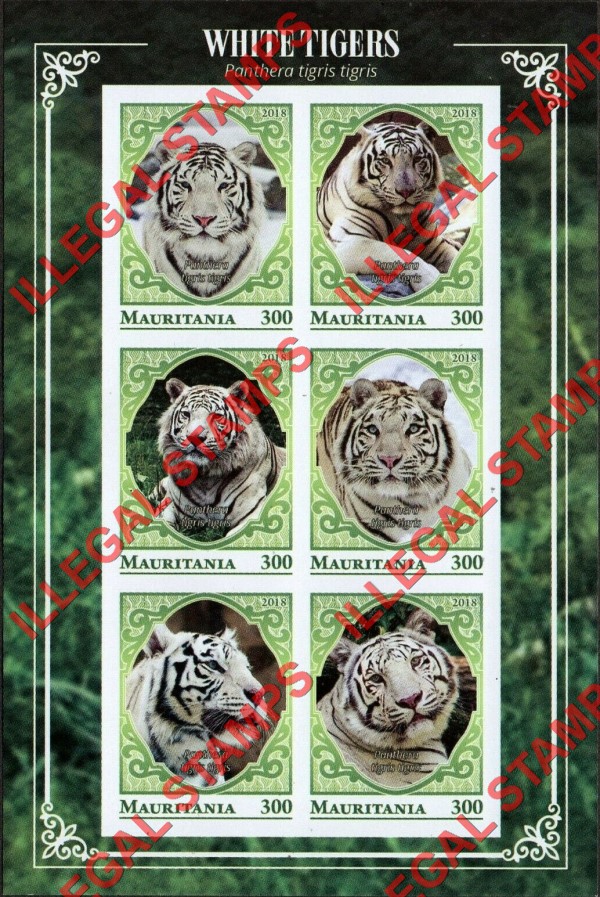 MAURITANIA 2018 White Tigers Counterfeit Illegal Stamp Souvenir Sheet of 6 (Sheet 1) MAURITANIA 2018 White Tigers Counterfeit Illegal Stamp Souvenir Sheet of 6 (Sheet 1)