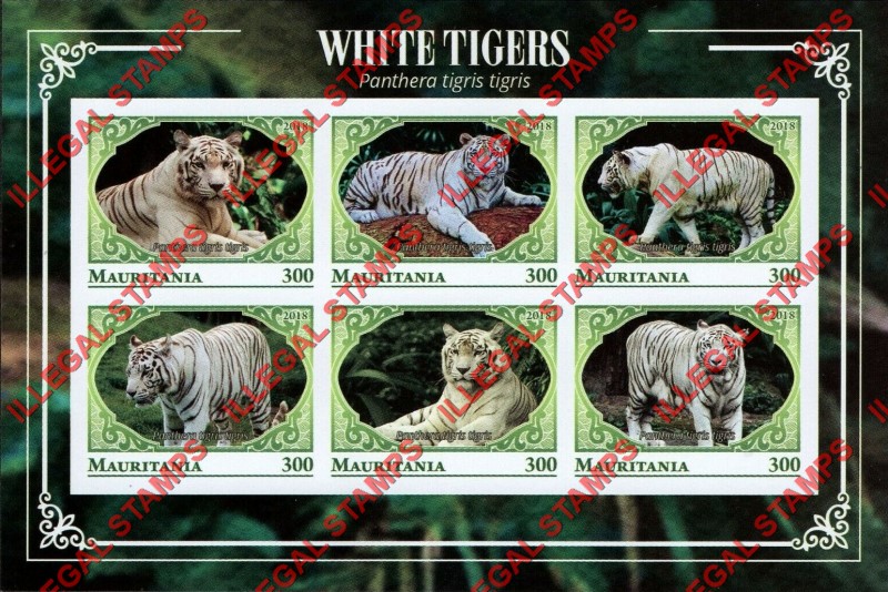 MAURITANIA 2018 White Tigers Counterfeit Illegal Stamp Souvenir Sheet of 6 (Sheet 2) MAURITANIA 2018 White Tigers Counterfeit Illegal Stamp Souvenir Sheet of 6 (Sheet 2)