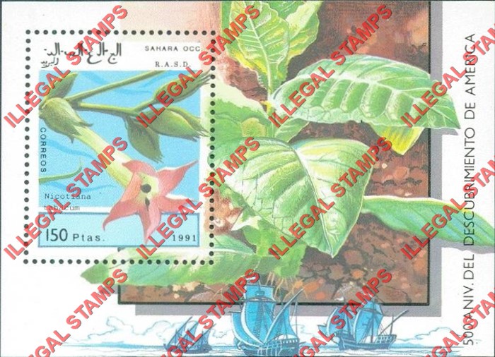 Sahara Occ. RASD 1991 Christopher Columbus Discovery of America Counterfeit Illegal Stamp Souvenir Sheet of 1 Sahara Occ. RASD 1991 Christopher Columbus Discovery of America Counterfeit Illegal Stamp Souvenir Sheet of 1