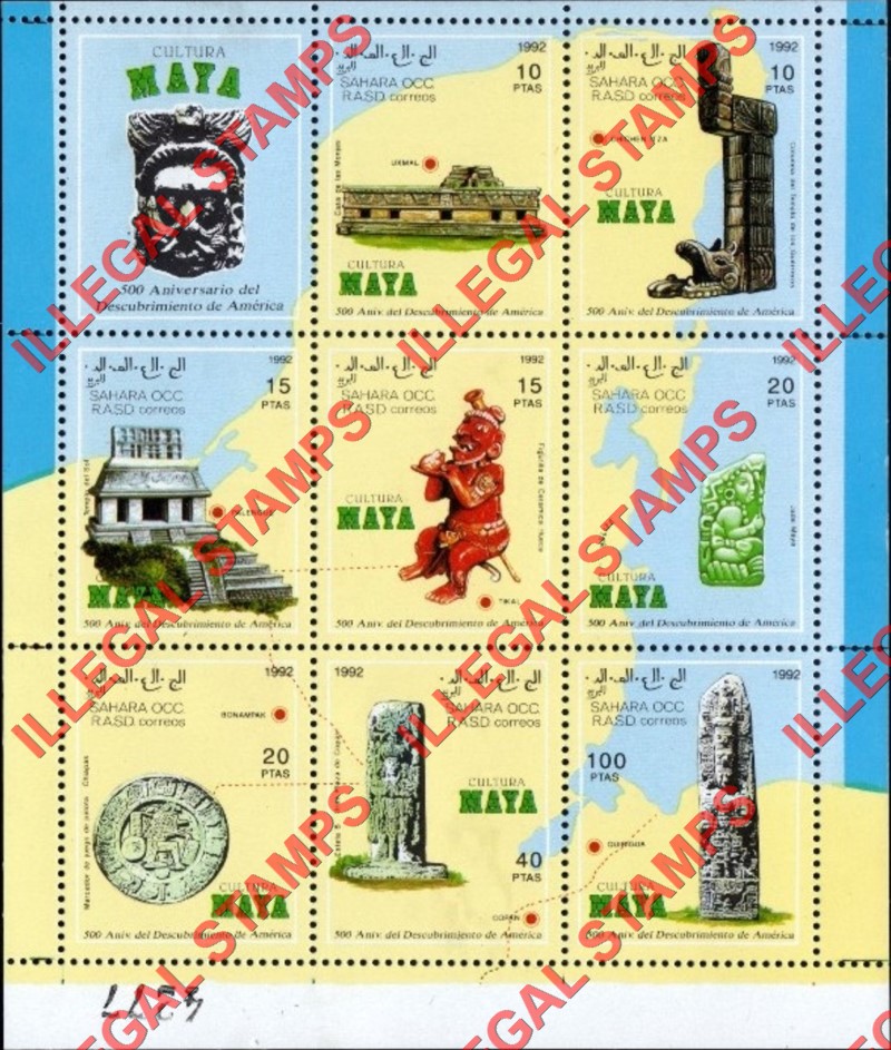 Sahara Occ. RASD 1992 Maya Culture Counterfeit Illegal Stamp Souvenir Sheet of 9 Sahara Occ. RASD 1992 Maya Culture Counterfeit Illegal Stamp Souvenir Sheet of 9