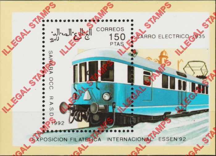 Sahara Occ. RASD 1992 Metro Diesel and Electric Train Passenger Cars Counterfeit Illegal Stamp Souvenir Sheet of 1 Sahara Occ. RASD 1992 Metro Diesel and Electric Train Passenger Cars Counterfeit Illegal Stamp Souvenir Sheet of 1
