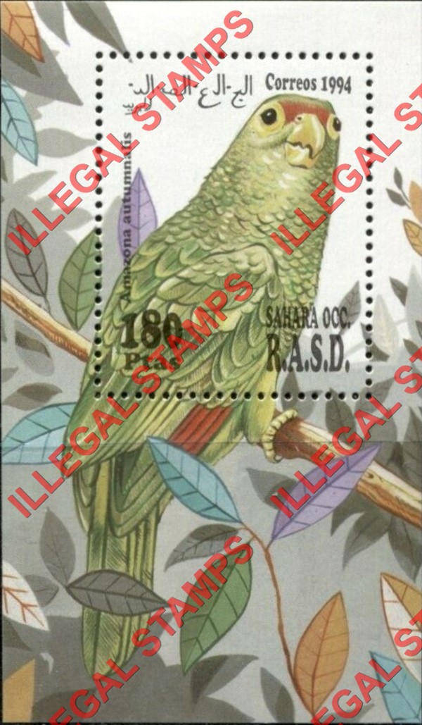 Sahara Occ. RASD 1994 Parrots Counterfeit Illegal Stamp Souvenir Sheet of 1 Sahara Occ. RASD 1994 Parrots Counterfeit Illegal Stamp Souvenir Sheet of 1