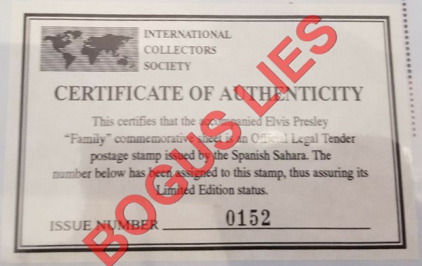 Sahara Occ. RASD 1996 Elvis Presley (Family) Counterfeit Illegal Stamp Souvenir Sheet of 1 Bogus ICS Certificate Sahara Occ. RASD 1996 Elvis Presley (Family) Counterfeit Illegal Stamp Souvenir Sheet of 1 Bogus ICS Certificate