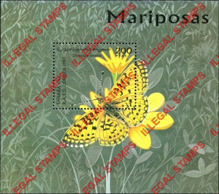 Sahara Occ. RASD 1997 Butterflies Counterfeit Illegal Stamp Souvenir Sheet of 1 Sahara Occ. RASD 1997 Butterflies Counterfeit Illegal Stamp Souvenir Sheet of 1