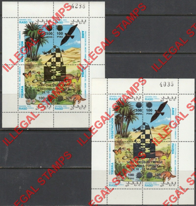 Sahara Occ. RASD Chess Olympiad Overprint on 1992 Environmental Protection Counterfeit Illegal Stamp Souvenir Sheet of 4 Sahara Occ. RASD Chess Olympiad Overprint on 1992 Environmental Protection Counterfeit Illegal Stamp Souvenir Sheet of 4