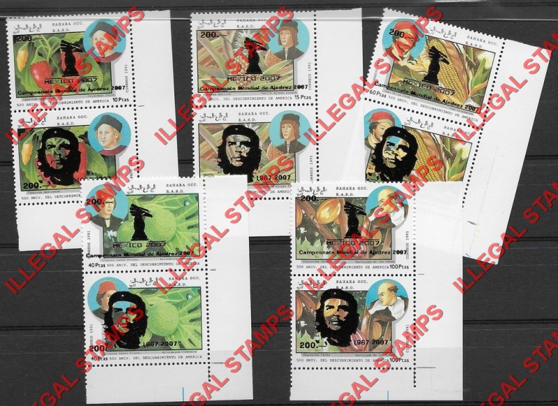 Sahara Occ. RASD 2007 The 1991 Christopher Columbus Discovery of America Counterfeit Illegal Stamp Set of 5 Overprinted for Chess and Che Guevara Sahara Occ. RASD 2007 The 1991 Christopher Columbus Discovery of America Counterfeit Illegal Stamp Set of 5 Overprinted for Chess and Che Guevara