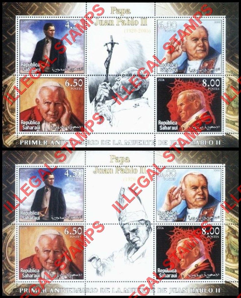 Republica Saharaui 2006 Pope John Paul II Counterfeit Illegal Stamp Souvenir Sheets of 4 Republica Saharaui 2006 Pope John Paul II Counterfeit Illegal Stamp Souvenir Sheets of 4