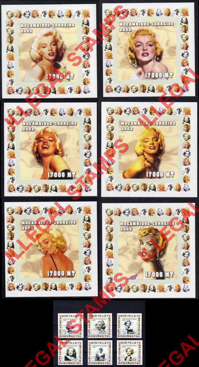 Mozambique 2002 Marilyn Monroe Counterfeit Illegal Stamp Deluxe Souvenir Sheets of 1 Mozambique 2002 Marilyn Monroe Counterfeit Illegal Stamp Deluxe Souvenir Sheets of 1