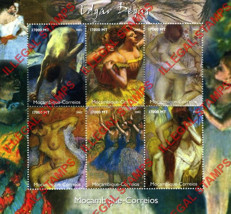 Mozambique 2002 Nude Paintings by Edgar Degas Counterfeit Illegal Stamp Souvenir Sheet of 6 Mozambique 2002 Nude Paintings by Edgar Degas Counterfeit Illegal Stamp Souvenir Sheet of 6
