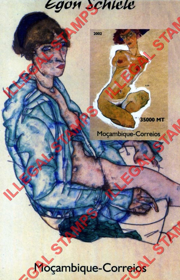 Mozambique 2002 Nude Paintings by Egon Schiele Counterfeit Illegal Stamp Souvenir Sheet of 1 Mozambique 2002 Nude Paintings by Egon Schiele Counterfeit Illegal Stamp Souvenir Sheet of 1