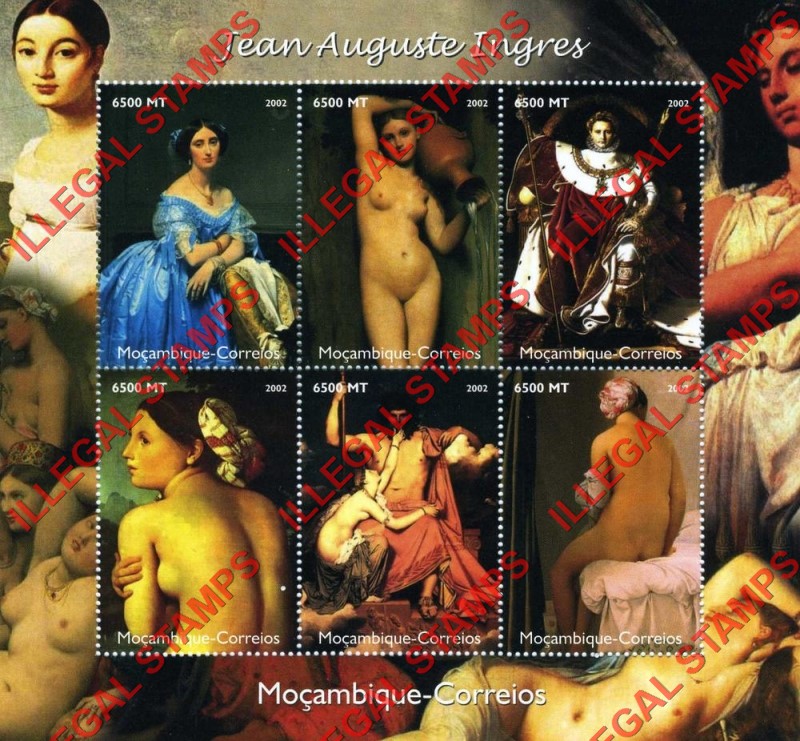 Mozambique 2002 Nude Paintings by Jean Auguste Ingres Counterfeit Illegal Stamp Souvenir Sheet of 6 Mozambique 2002 Nude Paintings by Jean Auguste Ingres Counterfeit Illegal Stamp Souvenir Sheet of 6