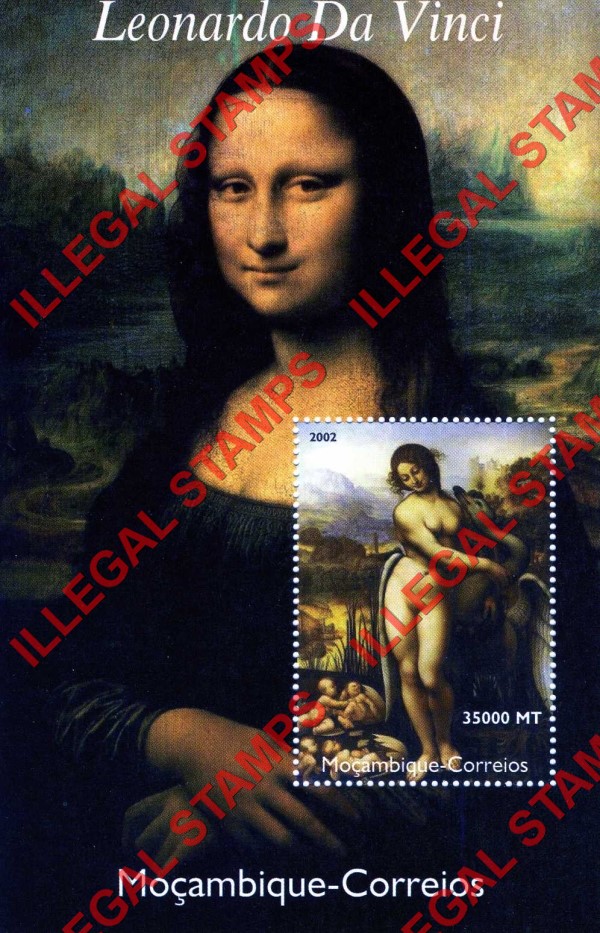 Mozambique 2002 Nude Paintings by Leonardo da Vinci Counterfeit Illegal Stamp Souvenir Sheet of 1 Mozambique 2002 Nude Paintings by Leonardo da Vinci Counterfeit Illegal Stamp Souvenir Sheet of 1