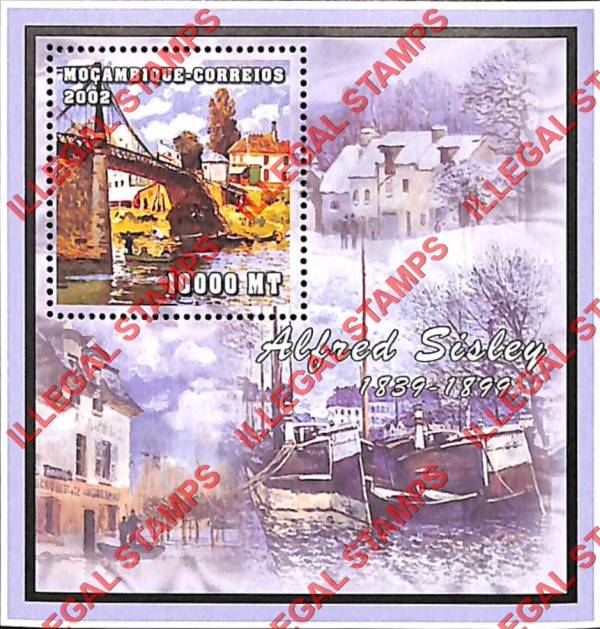 Mozambique 2002 Paintings by Alfred Sisley Counterfeit Illegal Stamp Souvenir Sheet of 1 Mozambique 2002 Paintings by Alfred Sisley Counterfeit Illegal Stamp Souvenir Sheet of 1