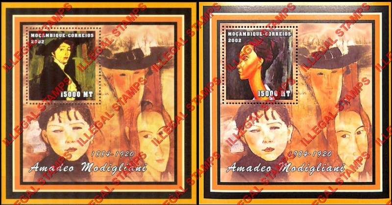 Mozambique 2002 Paintings by Amadeo Modigliani Counterfeit Illegal Stamp Souvenir Sheets of 1 Mozambique 2002 Paintings by Amadeo Modigliani Counterfeit Illegal Stamp Souvenir Sheets of 1