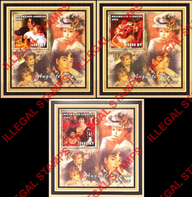 Mozambique 2002 Paintings by Auguste Renoir Counterfeit Illegal Stamp Souvenir Sheets of 1 Mozambique 2002 Paintings by Auguste Renoir Counterfeit Illegal Stamp Souvenir Sheets of 1