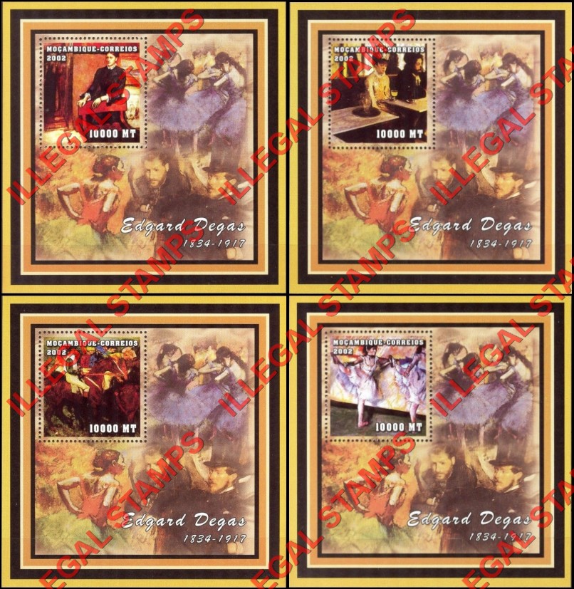 Mozambique 2002 Paintings by Edgar Degas Counterfeit Illegal Stamp Souvenir Sheets of 1 Mozambique 2002 Paintings by Edgar Degas Counterfeit Illegal Stamp Souvenir Sheets of 1