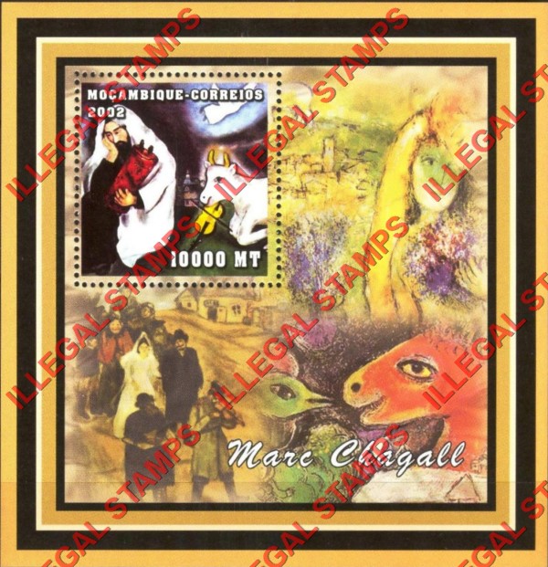 Mozambique 2002 Paintings by Marc Chagall Counterfeit Illegal Stamp Souvenir Sheet of 1 Mozambique 2002 Paintings by Marc Chagall Counterfeit Illegal Stamp Souvenir Sheet of 1