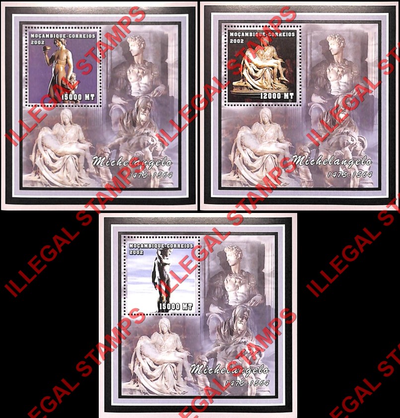 Mozambique 2002 Paintings Sculptures by Michelangelo Counterfeit Illegal Stamp Souvenir Sheets of 1 Mozambique 2002 Paintings Sculptures by Michelangelo Counterfeit Illegal Stamp Souvenir Sheets of 1