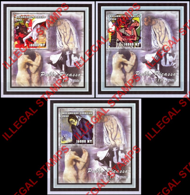 Mozambique 2002 Paintings by Pablo Picasso Counterfeit Illegal Stamp Souvenir Sheets of 1 Mozambique 2002 Paintings by Pablo Picasso Counterfeit Illegal Stamp Souvenir Sheets of 1