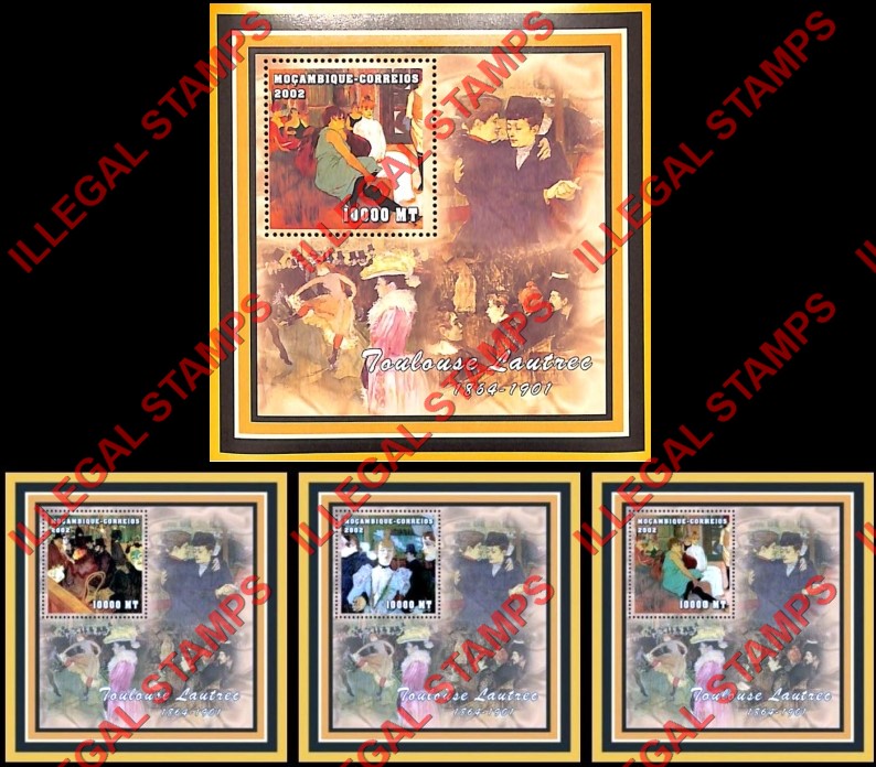Mozambique 2002 Paintings by Toulouse Lautrec Counterfeit Illegal Stamp Souvenir Sheets of 1 Mozambique 2002 Paintings by Toulouse Lautrec Counterfeit Illegal Stamp Souvenir Sheets of 1