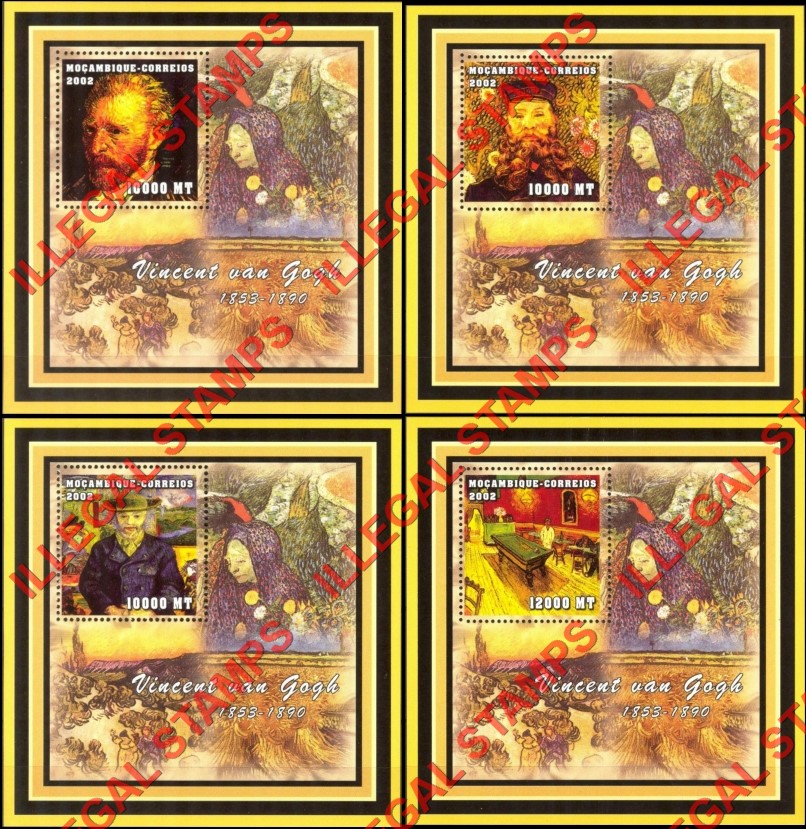 Mozambique 2002 Paintings by Vincent van Gogh Counterfeit Illegal Stamp Souvenir Sheets of 1 Mozambique 2002 Paintings by Vincent van Gogh Counterfeit Illegal Stamp Souvenir Sheets of 1