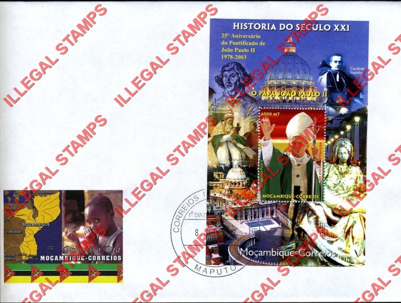 Mozambique 2003 History of the 21st Century Personalities Counterfeit Illegal Stamp Souvenir Sheet of 1 on Fake First Day Cover Mozambique 2003 History of the 21st Century Personalities Counterfeit Illegal Stamp Souvenir Sheet of 1 on Fake First Day Cover