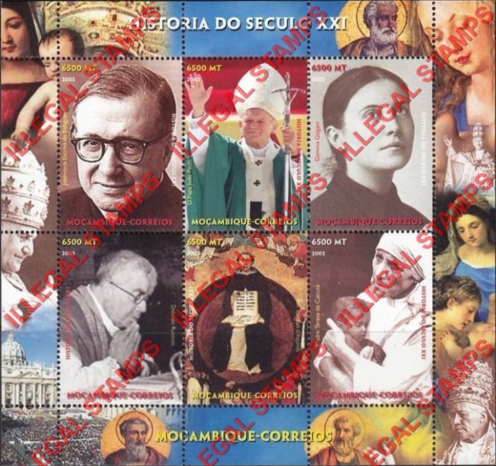 Mozambique 2003 History of the 21st Century Personalities Counterfeit Illegal Stamp Souvenir Sheet of 6 Mozambique 2003 History of the 21st Century Personalities Counterfeit Illegal Stamp Souvenir Sheet of 6