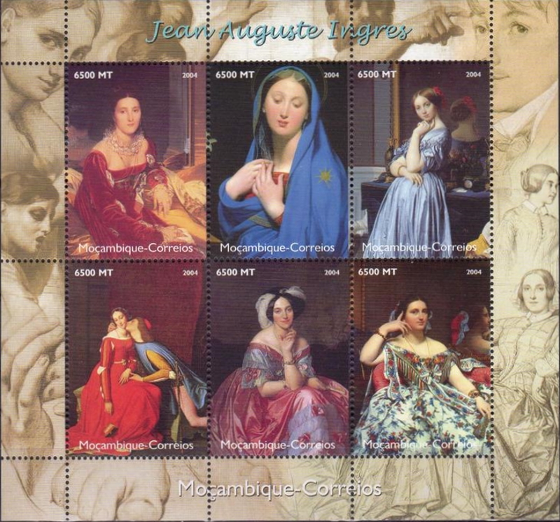 Mozambique 2004 Paintings by Jean Auguste Ingres Genuine Stamp Souvenir Sheet of 6 Mozambique 2004 Paintings by Jean Auguste Ingres Genuine Stamp Souvenir Sheet of 6