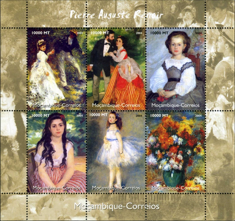 Mozambique 2004 Paintings by Pierre Auguste Renoir Genuine Stamp Souvenir Sheet of 6 Mozambique 2004 Paintings by Pierre Auguste Renoir Genuine Stamp Souvenir Sheet of 6