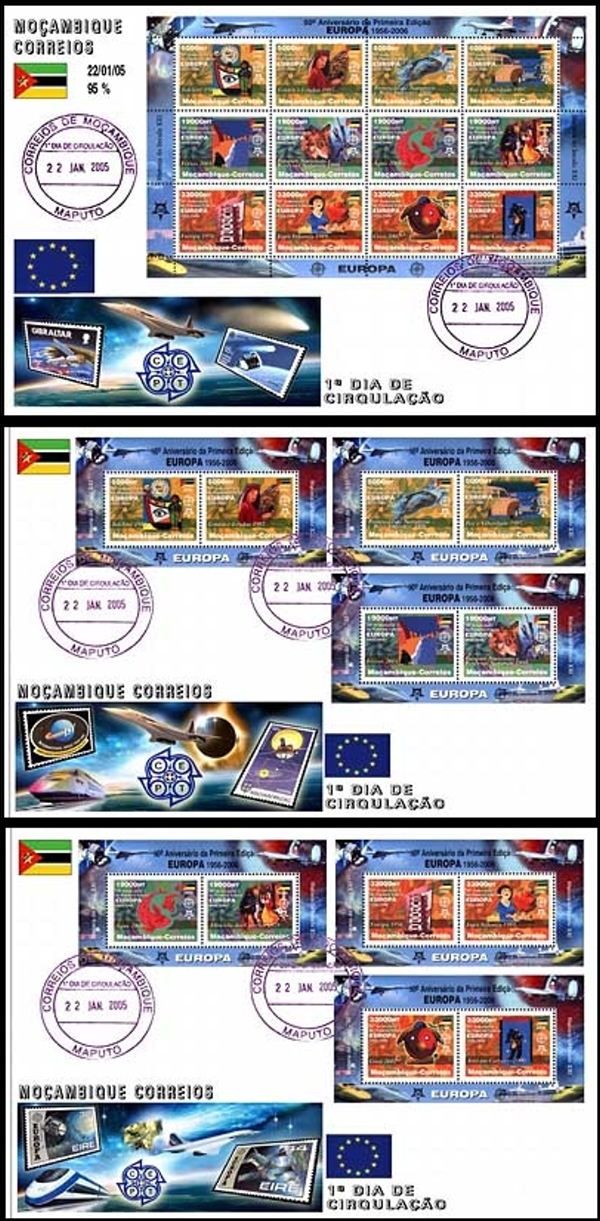 Mozambique 2004 50th Anniversary of EUROPA Counterfeit Illegal Stamp Souvenir Sheets on Fake 2005 First Day Covers Mozambique 2004 50th Anniversary of EUROPA Counterfeit Illegal Stamp Souvenir Sheets on Fake 2005 First Day Covers