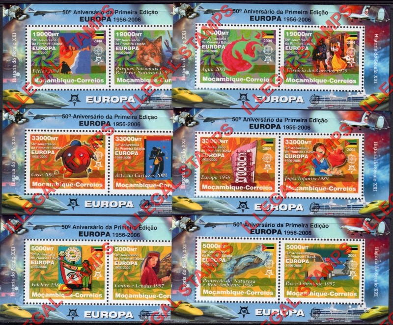 Mozambique 2004 50th Anniversary of EUROPA Counterfeit Illegal Stamp Souvenir Sheets of 2 Mozambique 2004 50th Anniversary of EUROPA Counterfeit Illegal Stamp Souvenir Sheets of 2