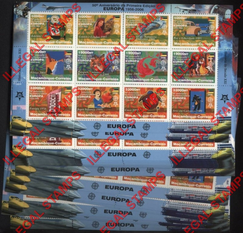 Mozambique 2004 50th Anniversary of EUROPA Counterfeit Illegal Stamp Souvenir Sheet of 12 Bulk Lot for Sale Mozambique 2004 50th Anniversary of EUROPA Counterfeit Illegal Stamp Souvenir Sheet of 12 Bulk Lot for Sale