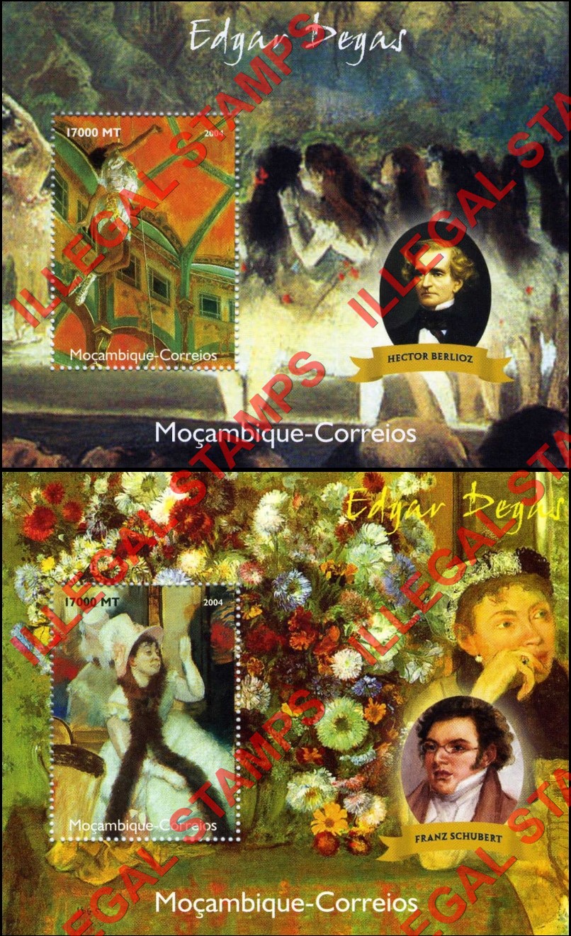 Mozambique 2004 Paintings by Edgar Degas Counterfeit Illegal Stamp Souvenir Sheets of 1 (Part 1) Mozambique 2004 Paintings by Edgar Degas Counterfeit Illegal Stamp Souvenir Sheets of 1 (Part 1)