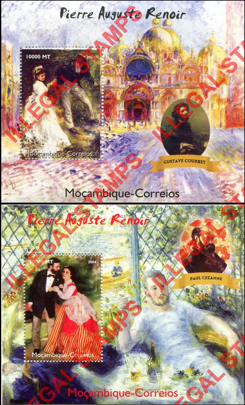 Mozambique 2004 Paintings by Pierre Auguste Renoir Counterfeit Illegal Stamp Souvenir Sheets of 1 (Part 1) Mozambique 2004 Paintings by Pierre Auguste Renoir Counterfeit Illegal Stamp Souvenir Sheets of 1 (Part 1)