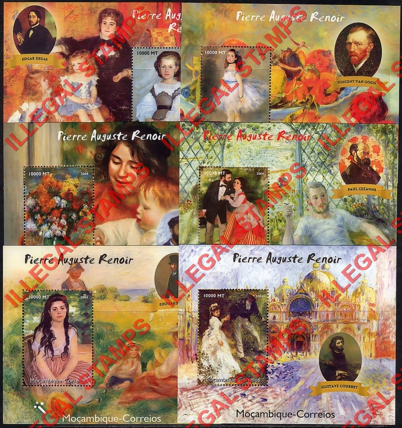 Mozambique 2004 Paintings by Pierre Auguste Renoir Counterfeit Illegal Stamp Souvenir Sheets of 1 (Part 2) Mozambique 2004 Paintings by Pierre Auguste Renoir Counterfeit Illegal Stamp Souvenir Sheets of 1 (Part 2)