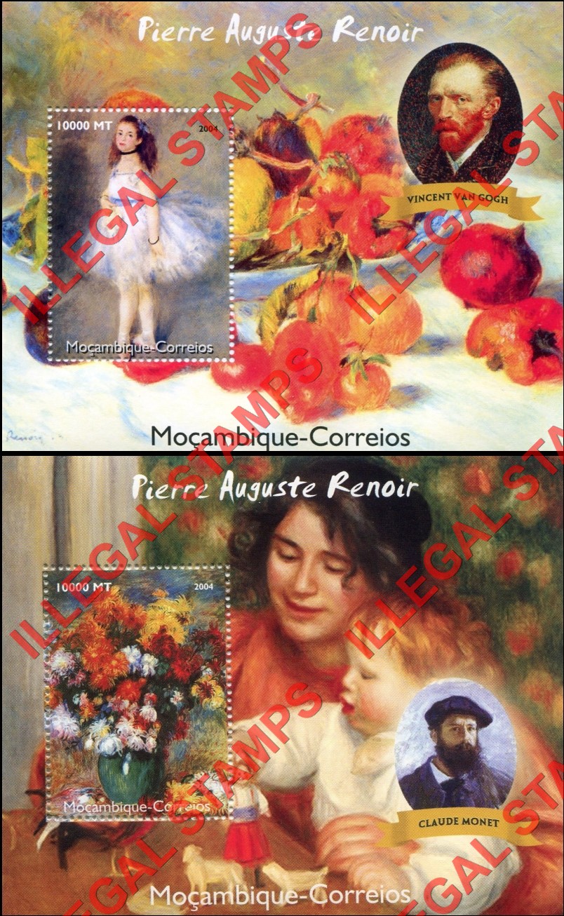 Mozambique 2004 Paintings by Pierre Auguste Renoir Counterfeit Illegal Stamp Souvenir Sheets of 1 (Part 3) Mozambique 2004 Paintings by Pierre Auguste Renoir Counterfeit Illegal Stamp Souvenir Sheets of 1 (Part 3)