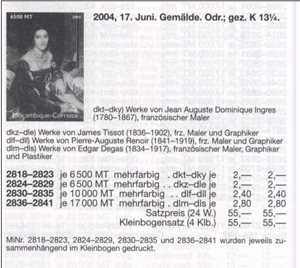 Mozambique 2004 Paintings Listings in Michel Catalog Mozambique 2004 Paintings Listings in Michel Catalog