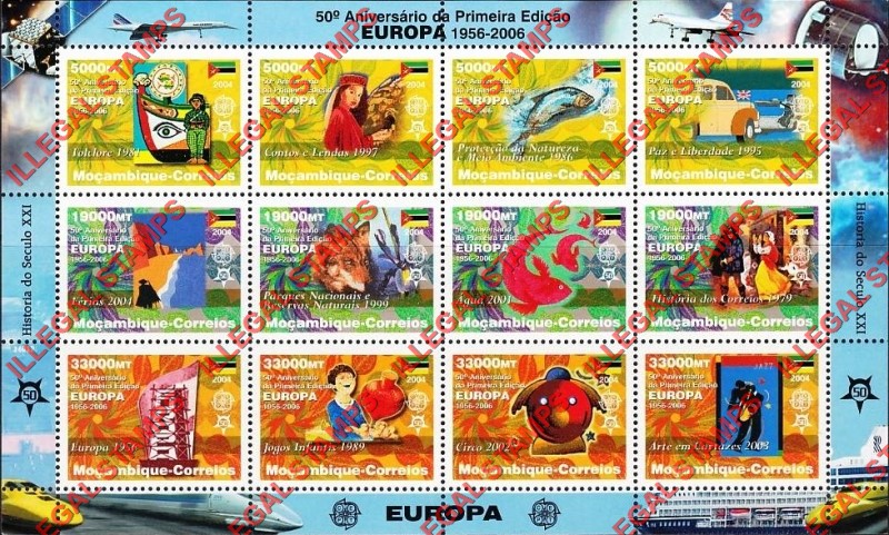 Mozambique 2006 50th Anniversary of EUROPA Counterfeit Illegal Stamp Souvenir Sheet of 12 Mozambique 2006 50th Anniversary of EUROPA Counterfeit Illegal Stamp Souvenir Sheet of 12