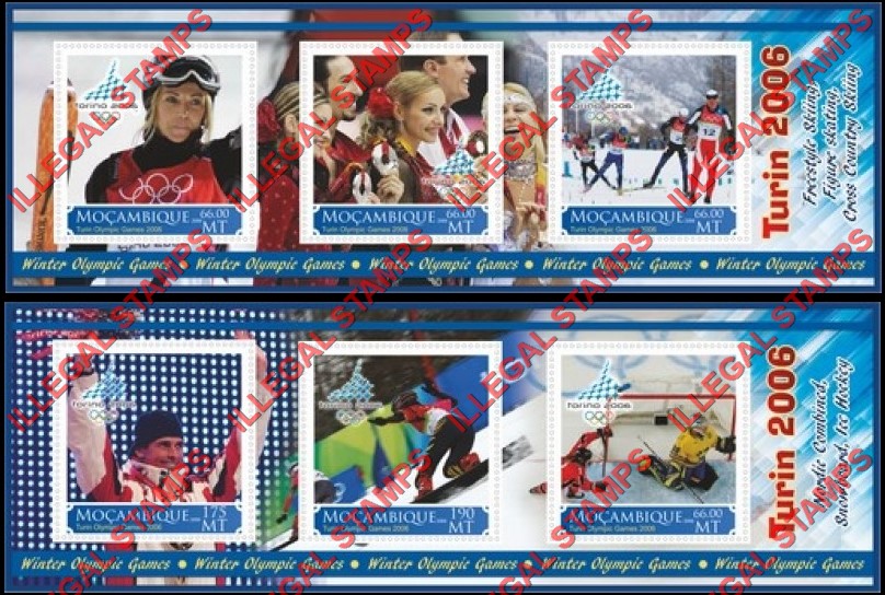 Mozambique 2006 Olympic Games in Turin Counterfeit Illegal Stamp Souvenir Sheets of 3 Mozambique 2006 Olympic Games in Turin Counterfeit Illegal Stamp Souvenir Sheets of 3