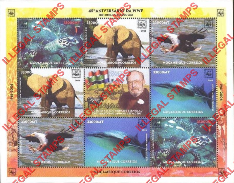 Mozambique 2006 45th Anniversary of the WWF Elephants and Sea Life Counterfeit Illegal Stamp Souvenir Sheet of 9 Mozambique 2006 45th Anniversary of the WWF Elephants and Sea Life Counterfeit Illegal Stamp Souvenir Sheet of 9