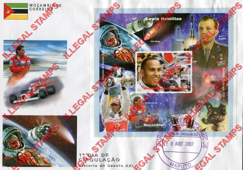 Mozambique 2007 Formula I Lewis Hamilton Counterfeit Illegal Stamp Souvenir Sheet of 1 on Fake First Day Cover Mozambique 2007 Formula I Lewis Hamilton Counterfeit Illegal Stamp Souvenir Sheet of 1 on Fake First Day Cover