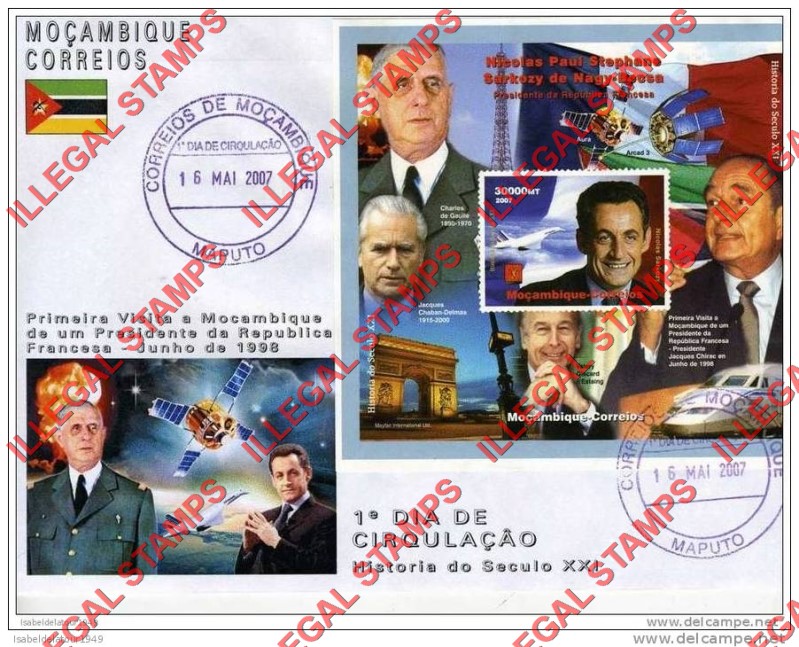 Mozambique 2007 Nicolas Sarkozy Counterfeit Illegal Stamp Souvenir Sheet of 1 on Fake First Day Cover Mozambique 2007 Nicolas Sarkozy Counterfeit Illegal Stamp Souvenir Sheet of 1 on Fake First Day Cover