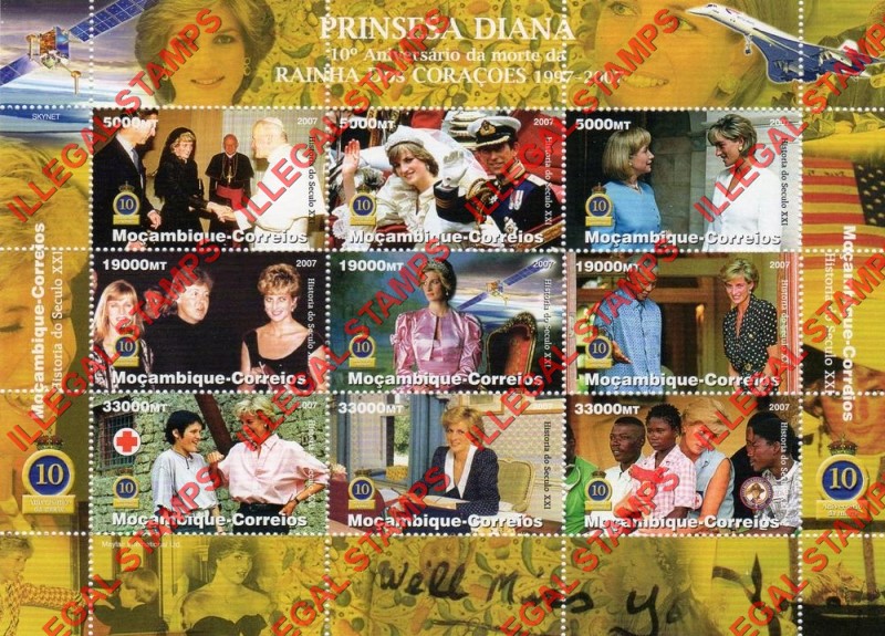 Mozambique 2007 Princess Diana Counterfeit Illegal Stamp Souvenir Sheet of 9 Mozambique 2007 Princess Diana Counterfeit Illegal Stamp Souvenir Sheet of 9