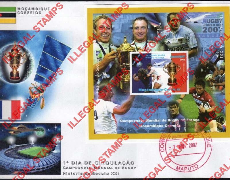 Mozambique 2007 Rugby World Cup France Counterfeit Illegal Stamp Souvenir Sheet of 1 on Fake First Day Cover Mozambique 2007 Rugby World Cup France Counterfeit Illegal Stamp Souvenir Sheet of 1 on Fake First Day Cover