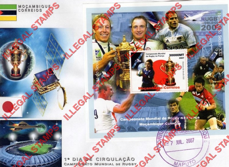 Mozambique 2007 Rugby World Cup Japan Counterfeit Illegal Stamp Souvenir Sheet of 1 on Fake First Day Cover Mozambique 2007 Rugby World Cup Japan Counterfeit Illegal Stamp Souvenir Sheet of 1 on Fake First Day Cover