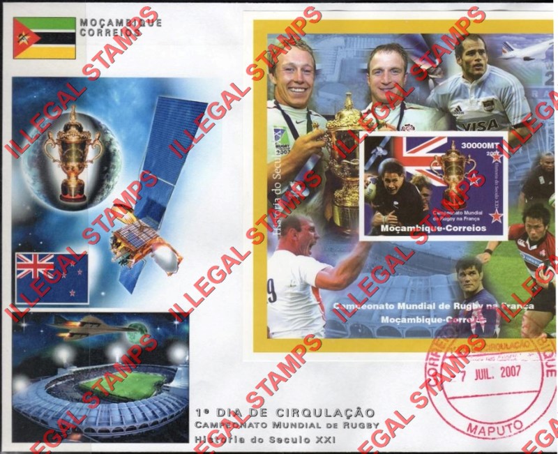 Mozambique 2007 Rugby World Cup New Zealand Counterfeit Illegal Stamp Souvenir Sheet of 1 on Fake First Day Cover Mozambique 2007 Rugby World Cup New Zealand Counterfeit Illegal Stamp Souvenir Sheet of 1 on Fake First Day Cover